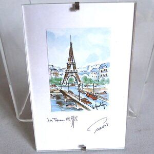 NEW VINTAGE EIFFEL TOWER PARIS MINI WATERCOLOR & INK PRINT IN GLASS FRAME